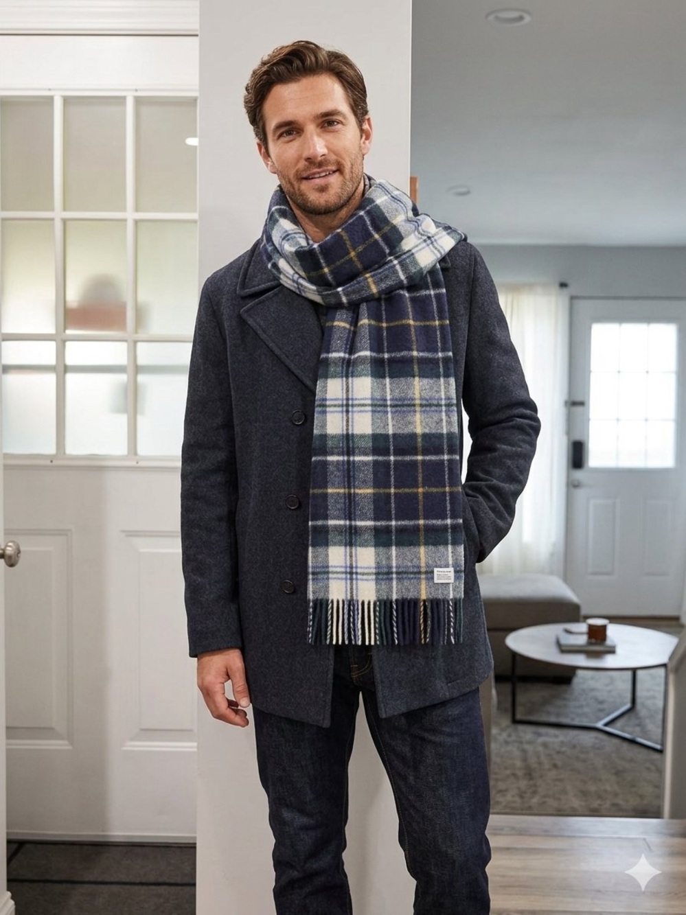 Frank and oak Men's Navy Wool Plaid Scarf